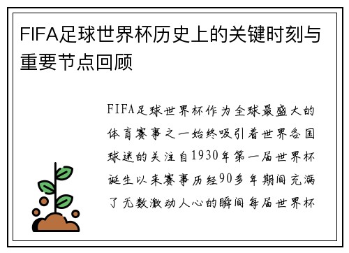 FIFA足球世界杯历史上的关键时刻与重要节点回顾