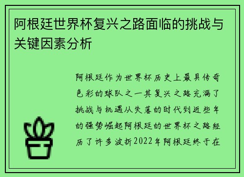 阿根廷世界杯复兴之路面临的挑战与关键因素分析