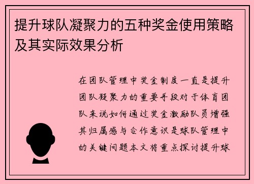 提升球队凝聚力的五种奖金使用策略及其实际效果分析 提升球队凝聚力的五种奖金使用策略及其实际效果分析