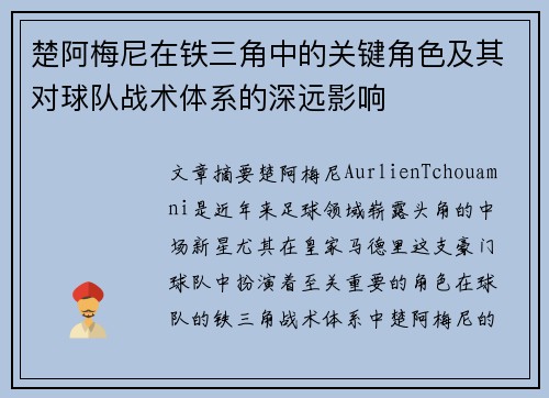 楚阿梅尼在铁三角中的关键角色及其对球队战术体系的深远影响