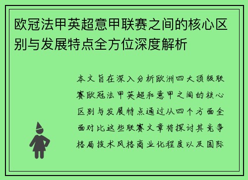 欧冠法甲英超意甲联赛之间的核心区别与发展特点全方位深度解析