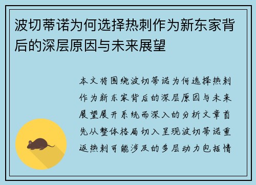 波切蒂诺为何选择热刺作为新东家背后的深层原因与未来展望