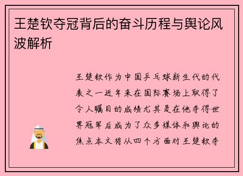 王楚钦夺冠背后的奋斗历程与舆论风波解析